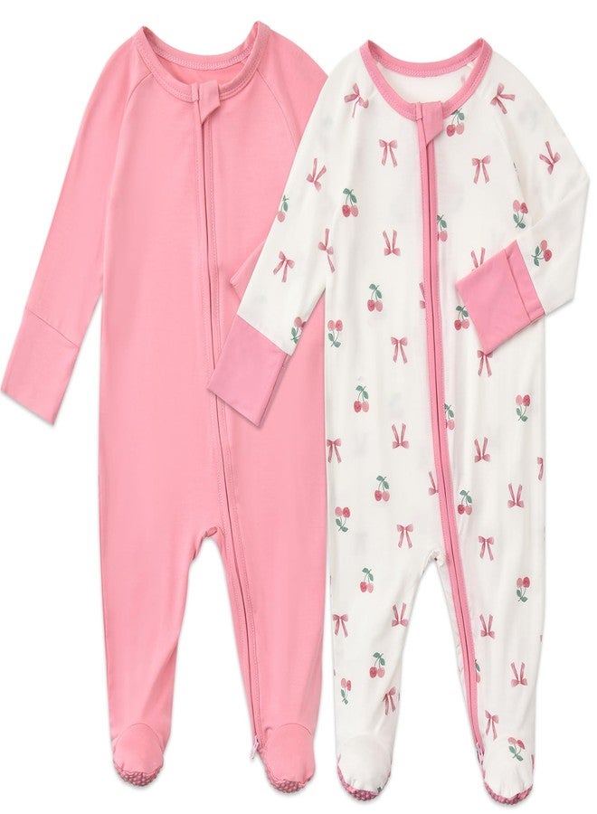 Aablexema Baby Footed Coverall Pajamas with Mittens Rayon from Bamboo 2pcs Newborn Infant 2-way Zipper Outfit (Pink Cherry Bow, 0-3m) - Image 1